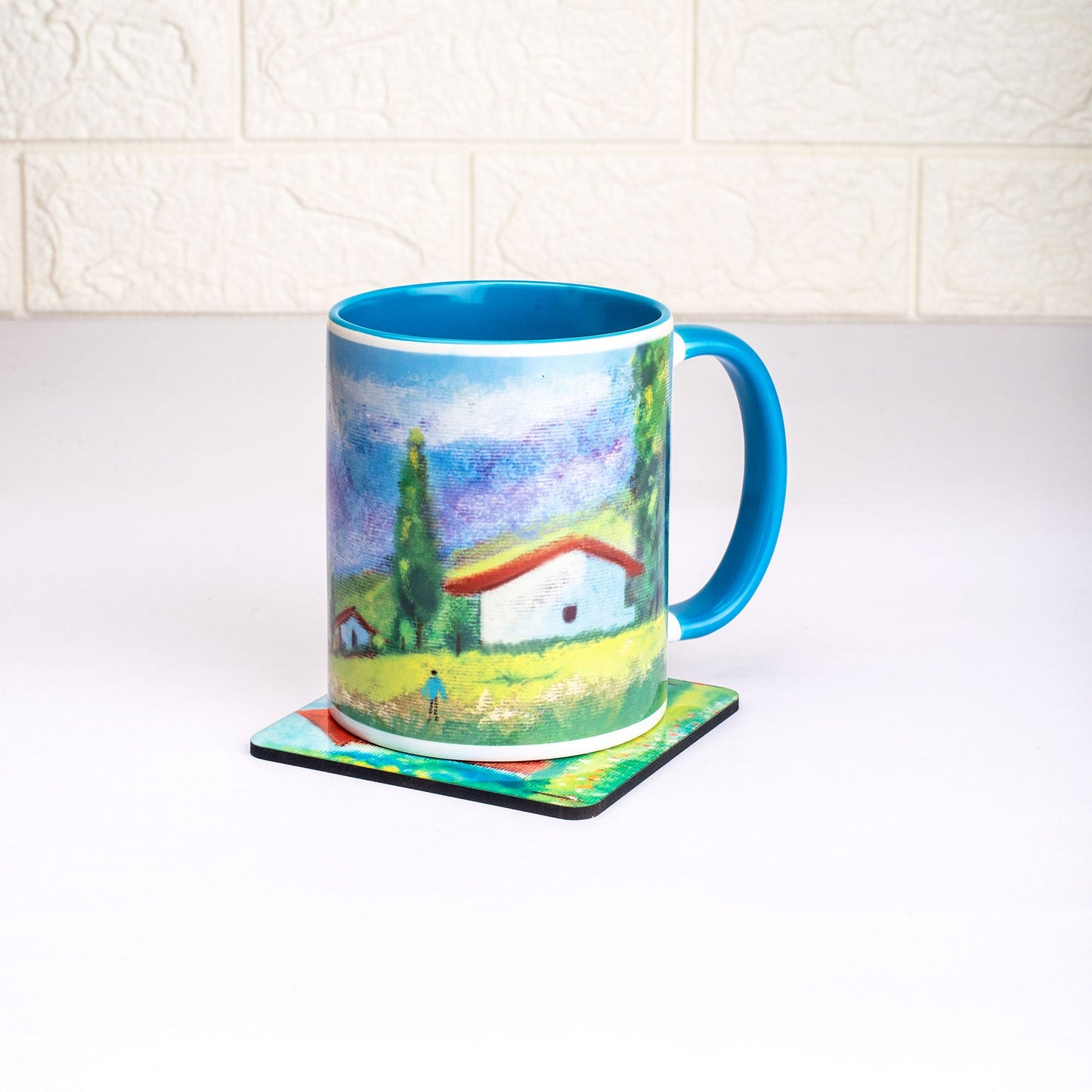 Countryside Landscape Mug with Coaster - Blue