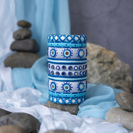 Yamuna White & Blue Mirror Work Bangle Set