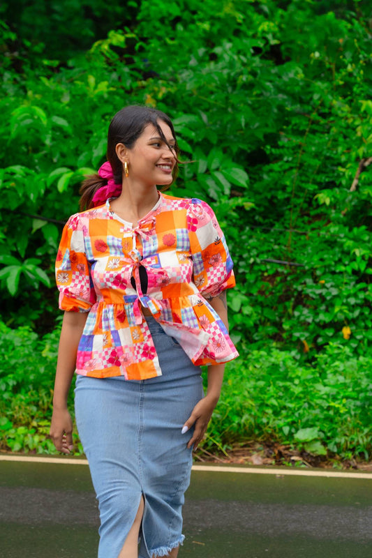 Take a Bow Hippie Trippy Cotton Top With Puff Sleeves