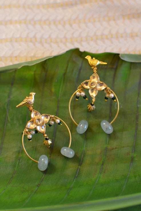 Stone Studded Polki Bird Hoops in Sage Green