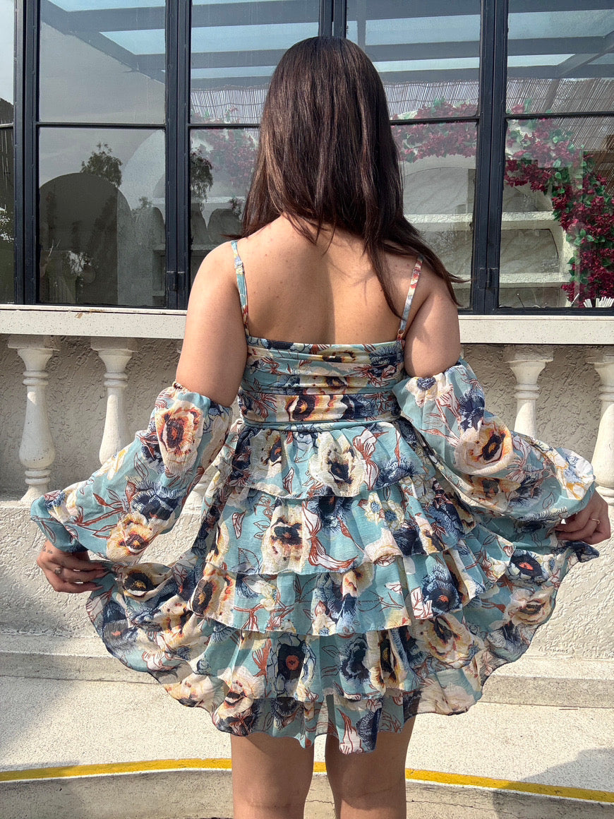 Frozen Flare Dress With Detachable Puff Sleeves