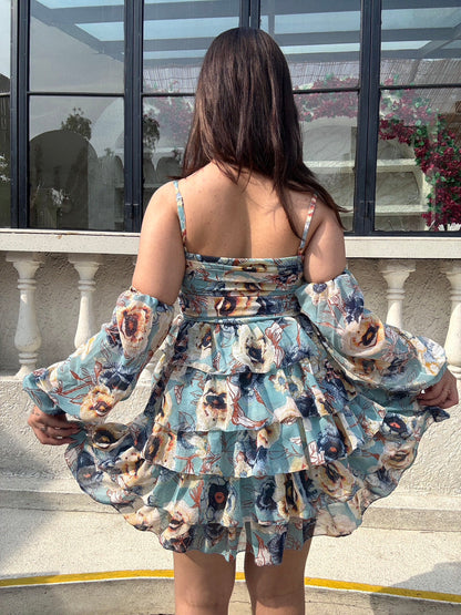 Frozen Flare Dress With Detachable Puff Sleeves