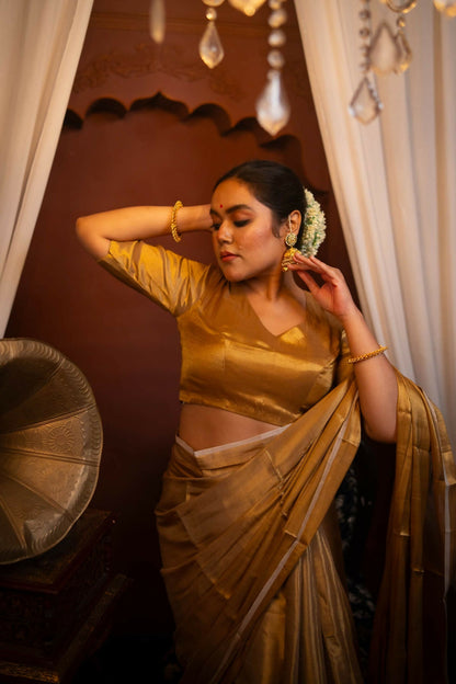 Kanak Golden Cotton Tissue Elbow Sleeve Blouse with V neck