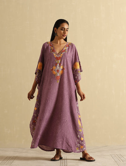 Mauve Aari Embroidered Kashmiri Long Kaftan