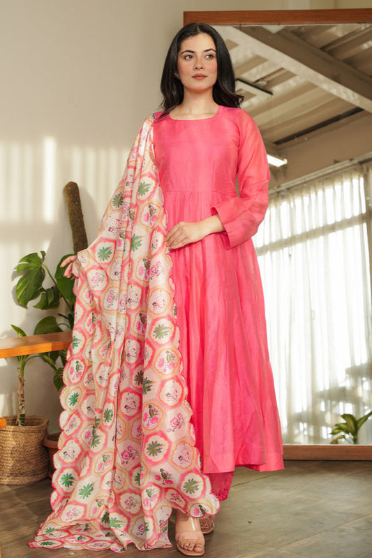 Jaana Pink Chanderi Anarkali Suit with Aari Embroidery & Digital Print Floral Jaal Dupatta