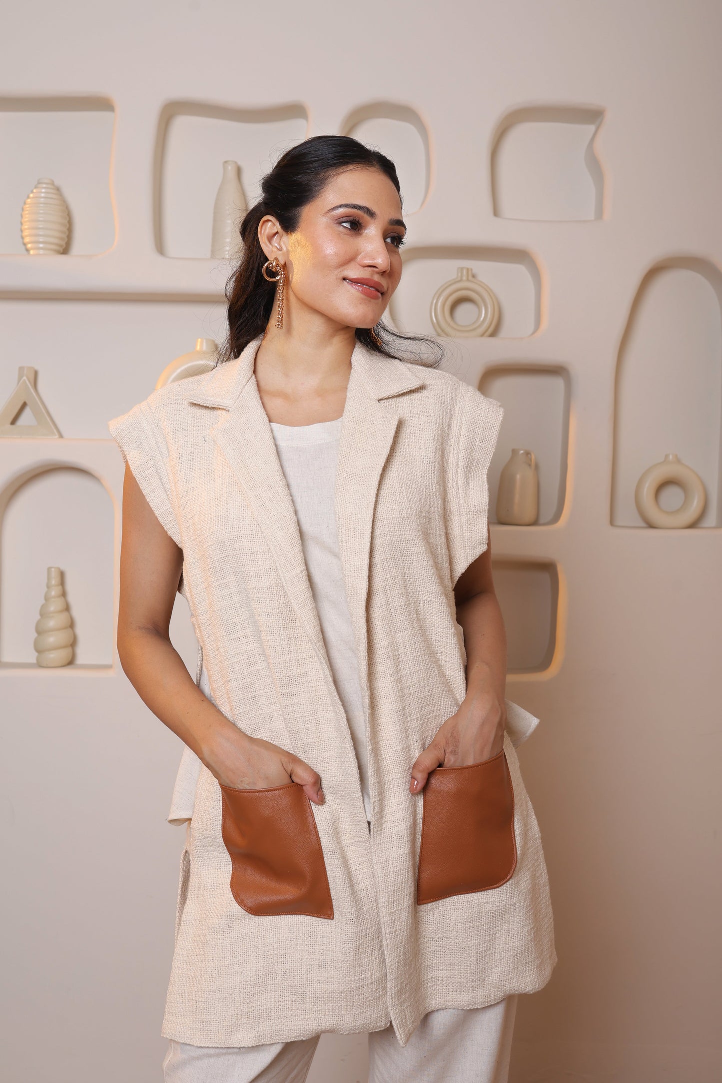 Beige Leather Pocket Jacket Co-ord Set