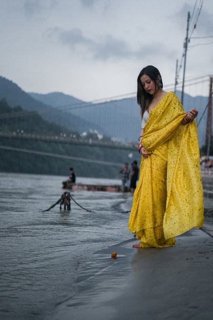 Natural Flower Dyed Genda Habutai Silk Saree