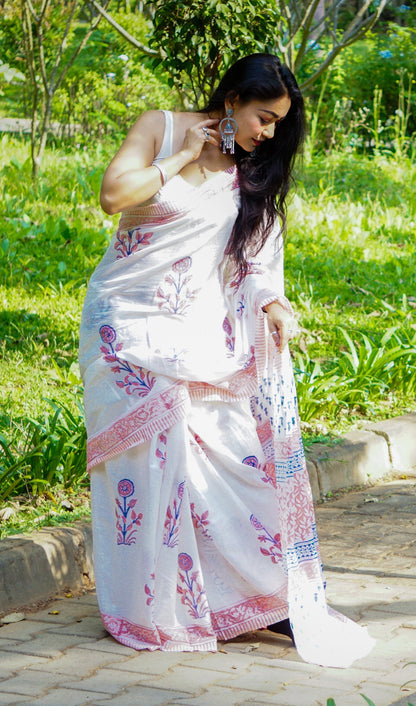 Summer Breeze - Handblock Print Natural Dyed - White Mulmul Cotton Saree