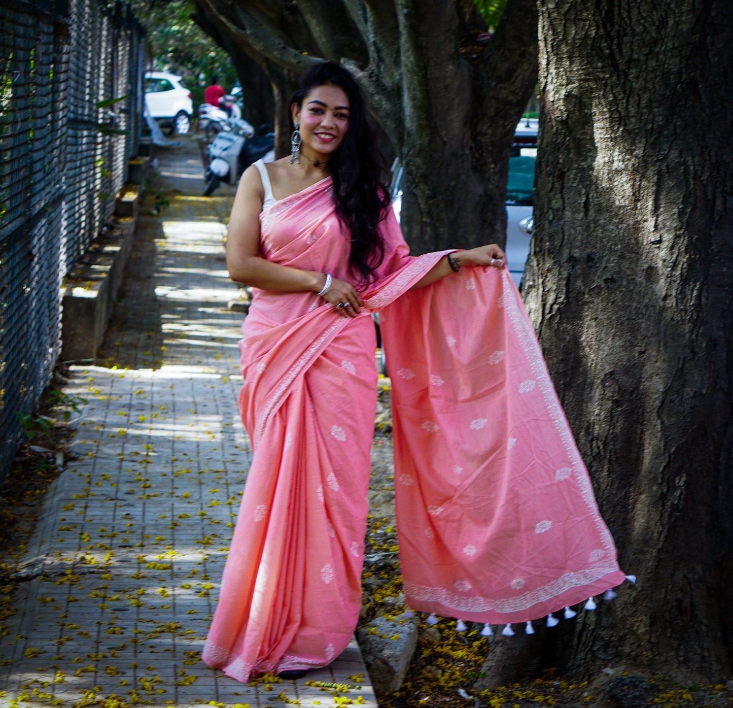 Peach Fuzz - Handblock Print Natural Dyed - Peach Mulmul Cotton Saree