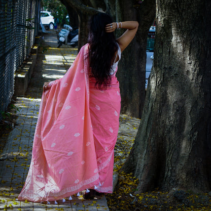 Peach Fuzz - Handblock Print Natural Dyed - Peach Mulmul Cotton Saree