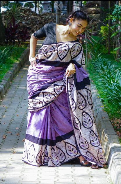 Lavender Lilly - Handblock Print Natural Dyed - Mulmul Cotton Saree