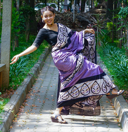 Lavender Lilly - Handblock Print Natural Dyed - Mulmul Cotton Saree