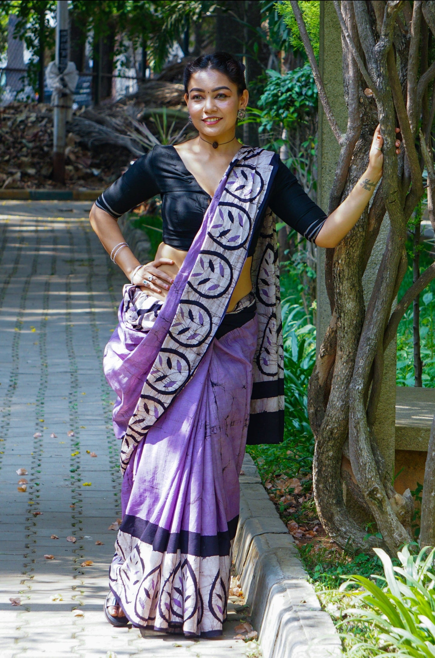 Lavender Lilly - Handblock Print Natural Dyed - Mulmul Cotton Saree