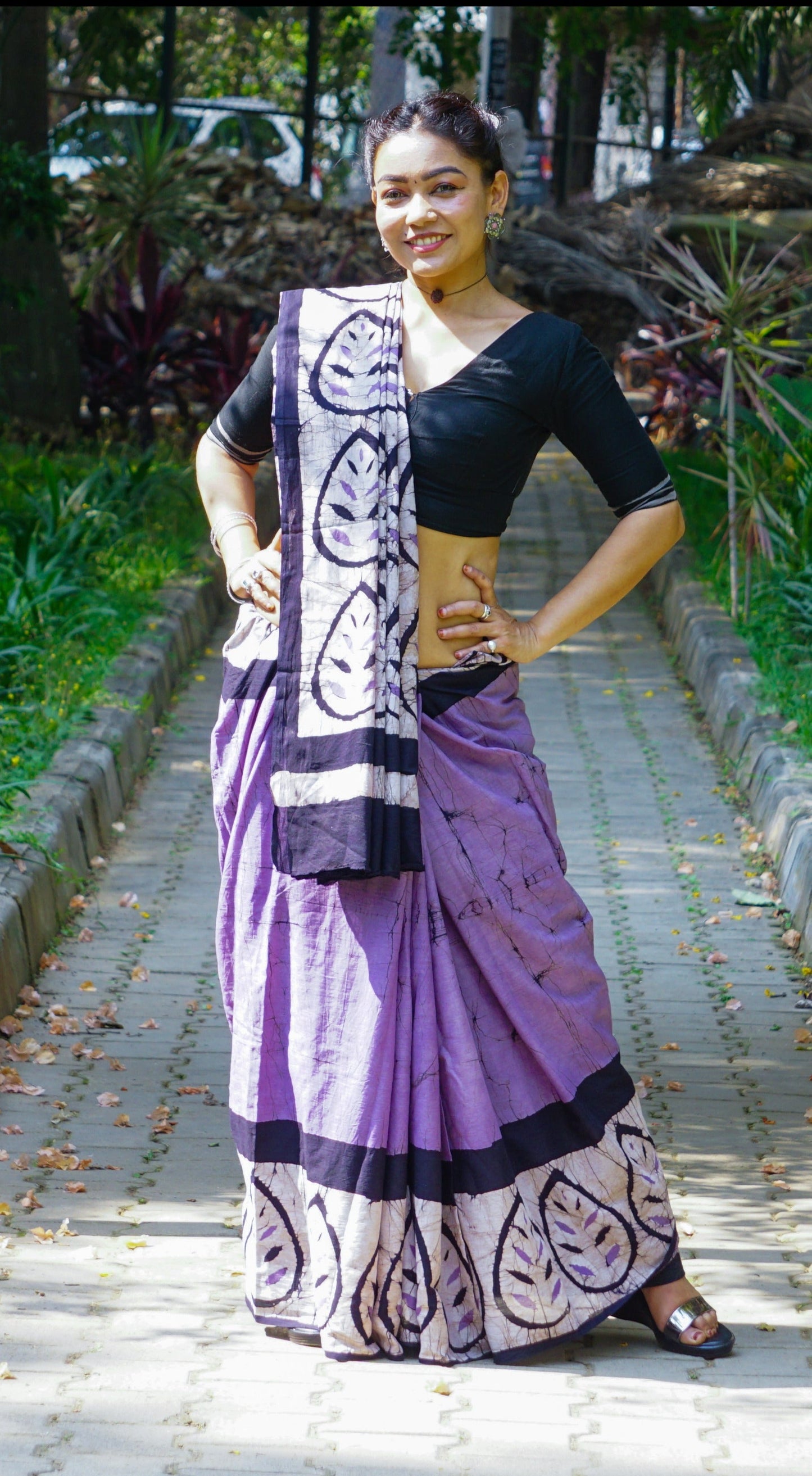 Lavender Lilly - Handblock Print Natural Dyed - Mulmul Cotton Saree