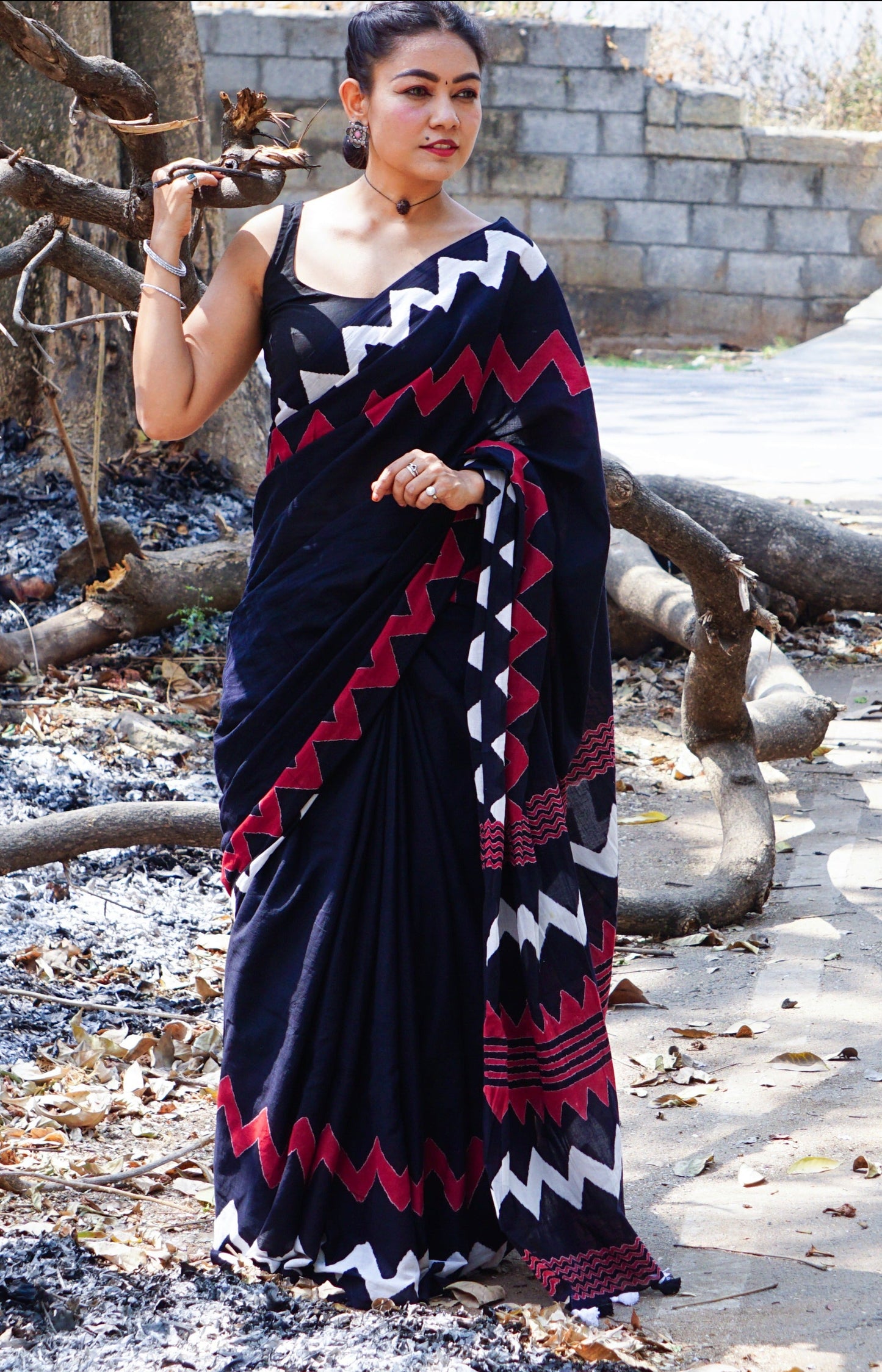 Bold Black - Handblock Print Natural Dyed - Black Mulmul Cotton Saree