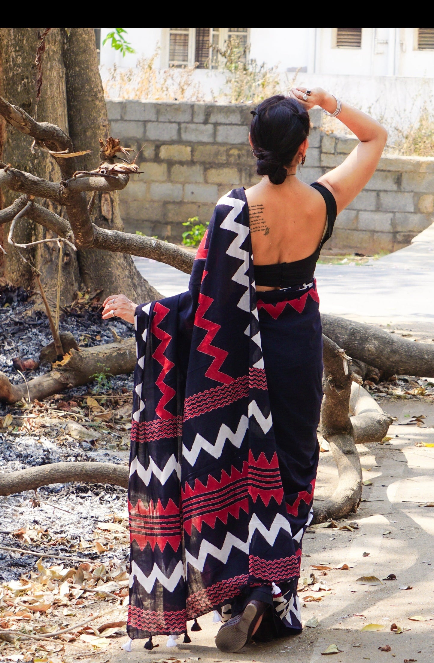 Bold Black - Handblock Print Natural Dyed - Black Mulmul Cotton Saree