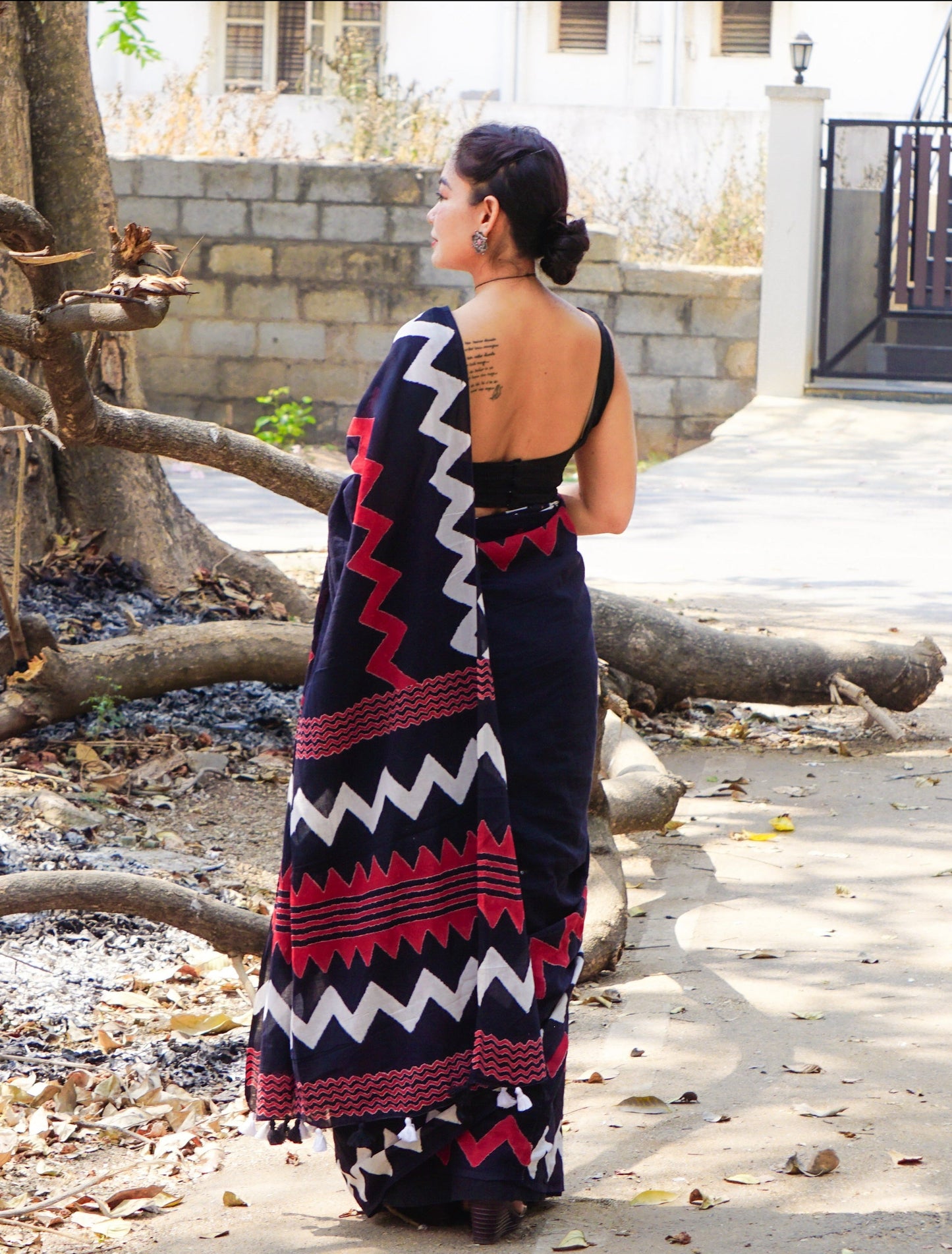 Bold Black - Handblock Print Natural Dyed - Black Mulmul Cotton Saree