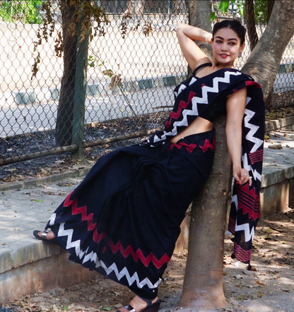 Bold Black - Handblock Print Natural Dyed - Black Mulmul Cotton Saree