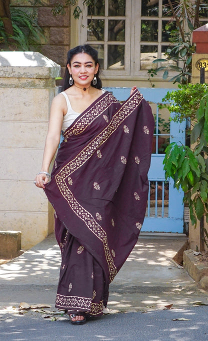 Poppins Collection - Brown Poppins Candy - Handblock Print Natural Dyed - Mulmul Cotton Saree