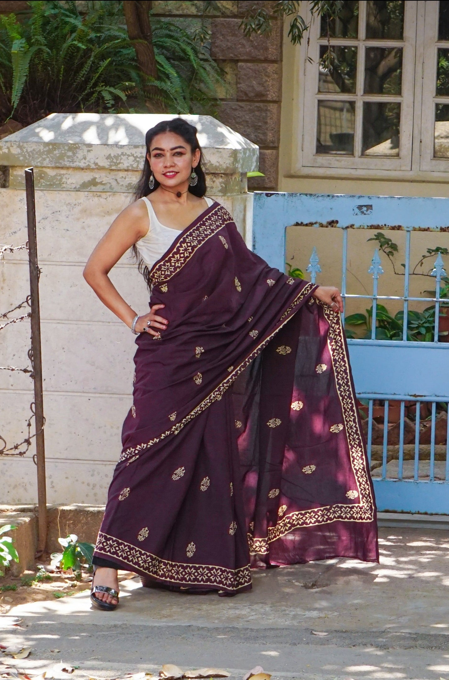 Poppins Collection - Brown Poppins Candy - Handblock Print Natural Dyed - Mulmul Cotton Saree