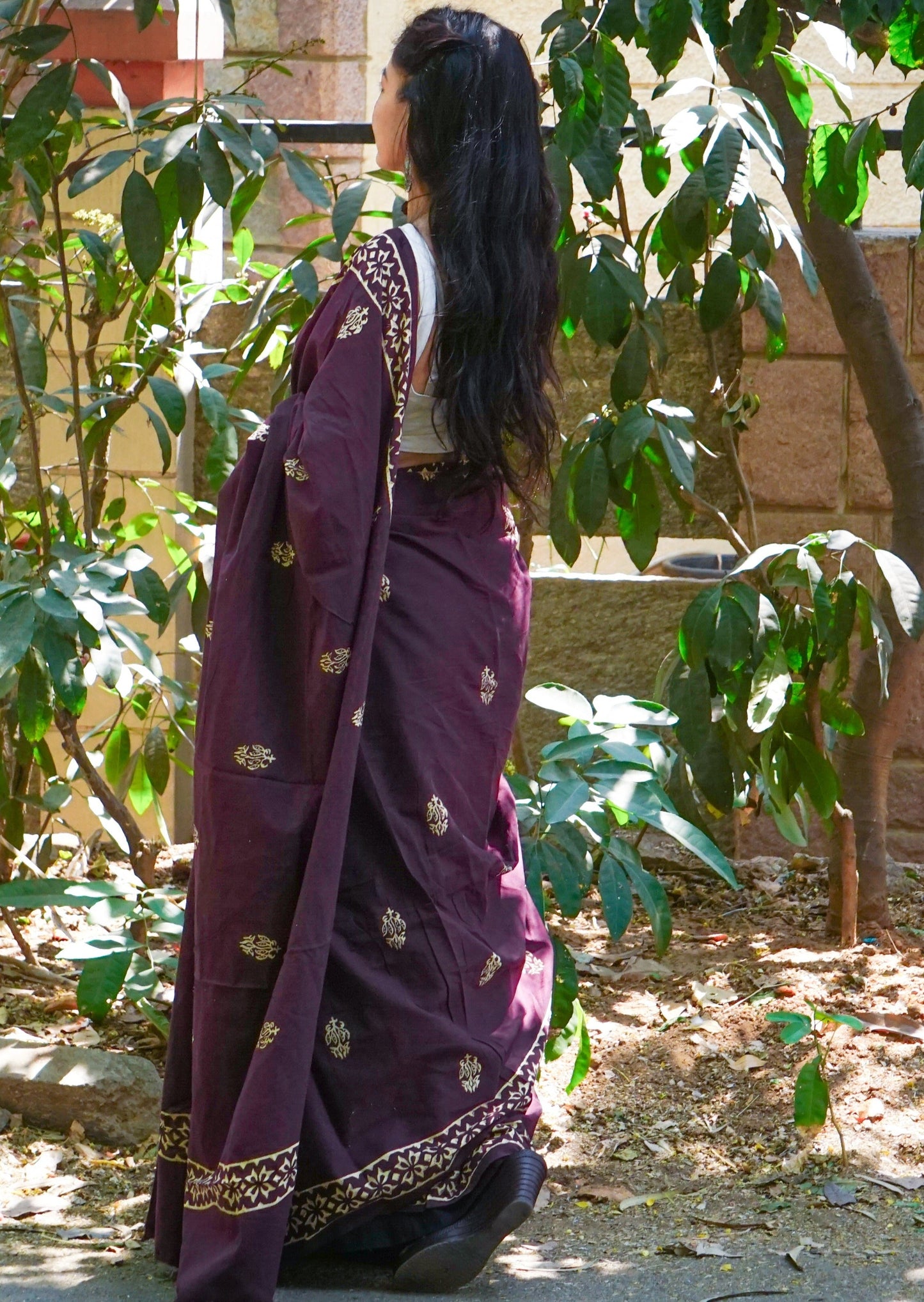 Poppins Collection - Brown Poppins Candy - Handblock Print Natural Dyed - Mulmul Cotton Saree