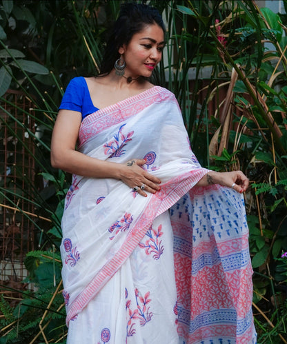 Summer Breeze - Handblock Print Natural Dyed - White Mulmul Cotton Saree