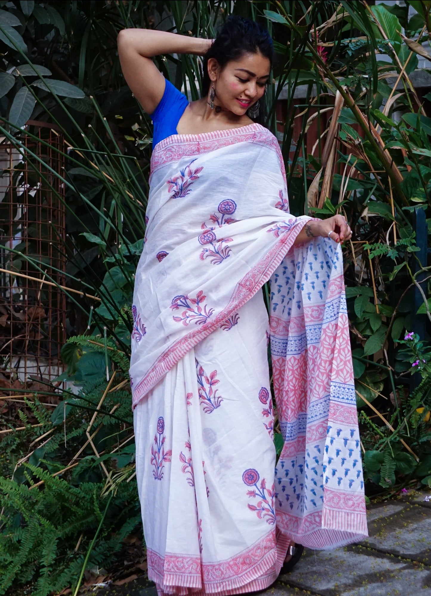 Summer Breeze - Handblock Print Natural Dyed - White Mulmul Cotton Saree