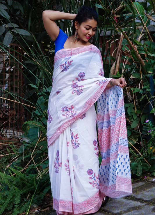 Summer Breeze - Handblock Print Natural Dyed - White Mulmul Cotton Saree