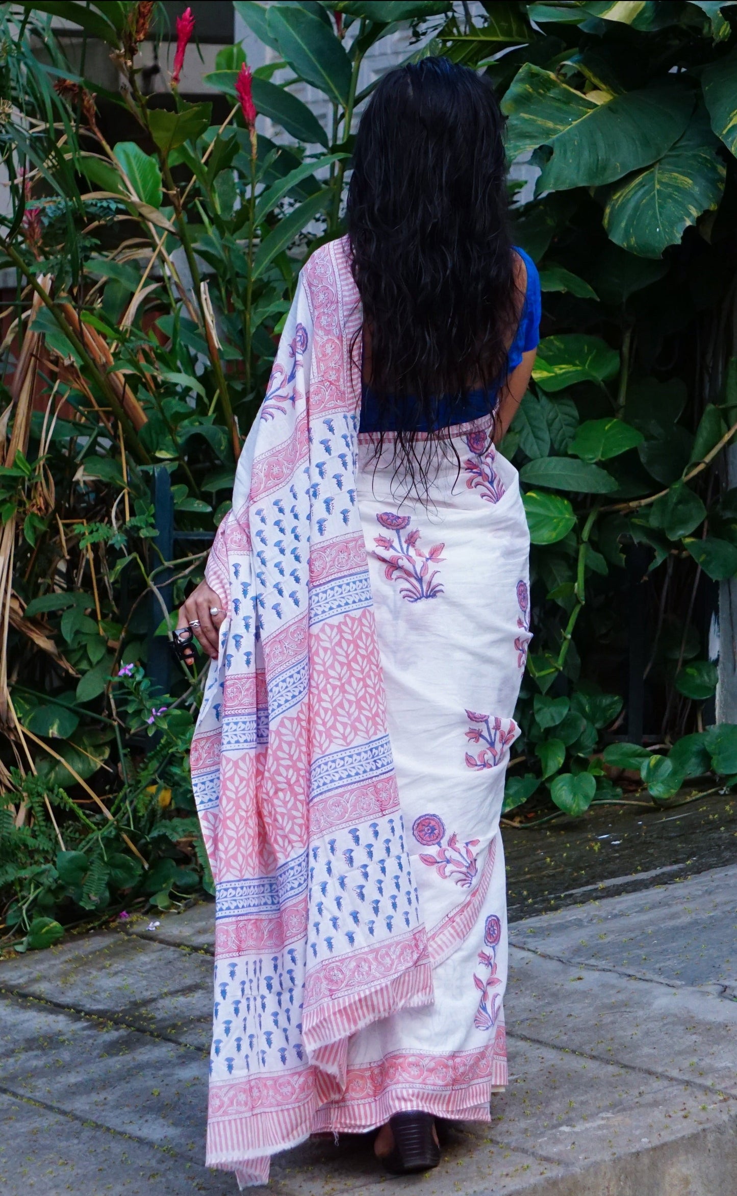 Summer Breeze - Handblock Print Natural Dyed - White Mulmul Cotton Saree