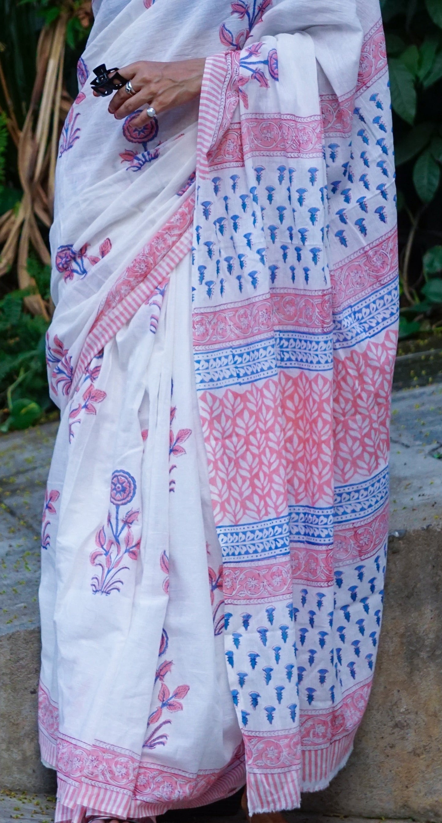 Summer Breeze - Handblock Print Natural Dyed - White Mulmul Cotton Saree