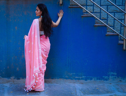 Peach Fuzz - Handblock Print Natural Dyed - Peach Mulmul Cotton Saree