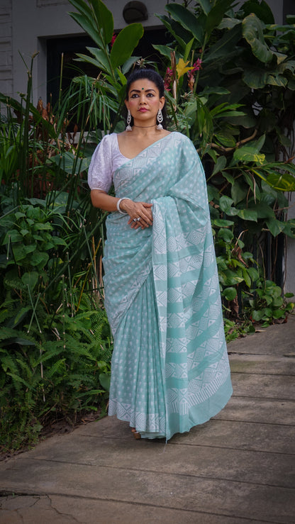 Whispering Dream Saree Handblock Print Natural Dyed Mint Mulmul Cotton Saree