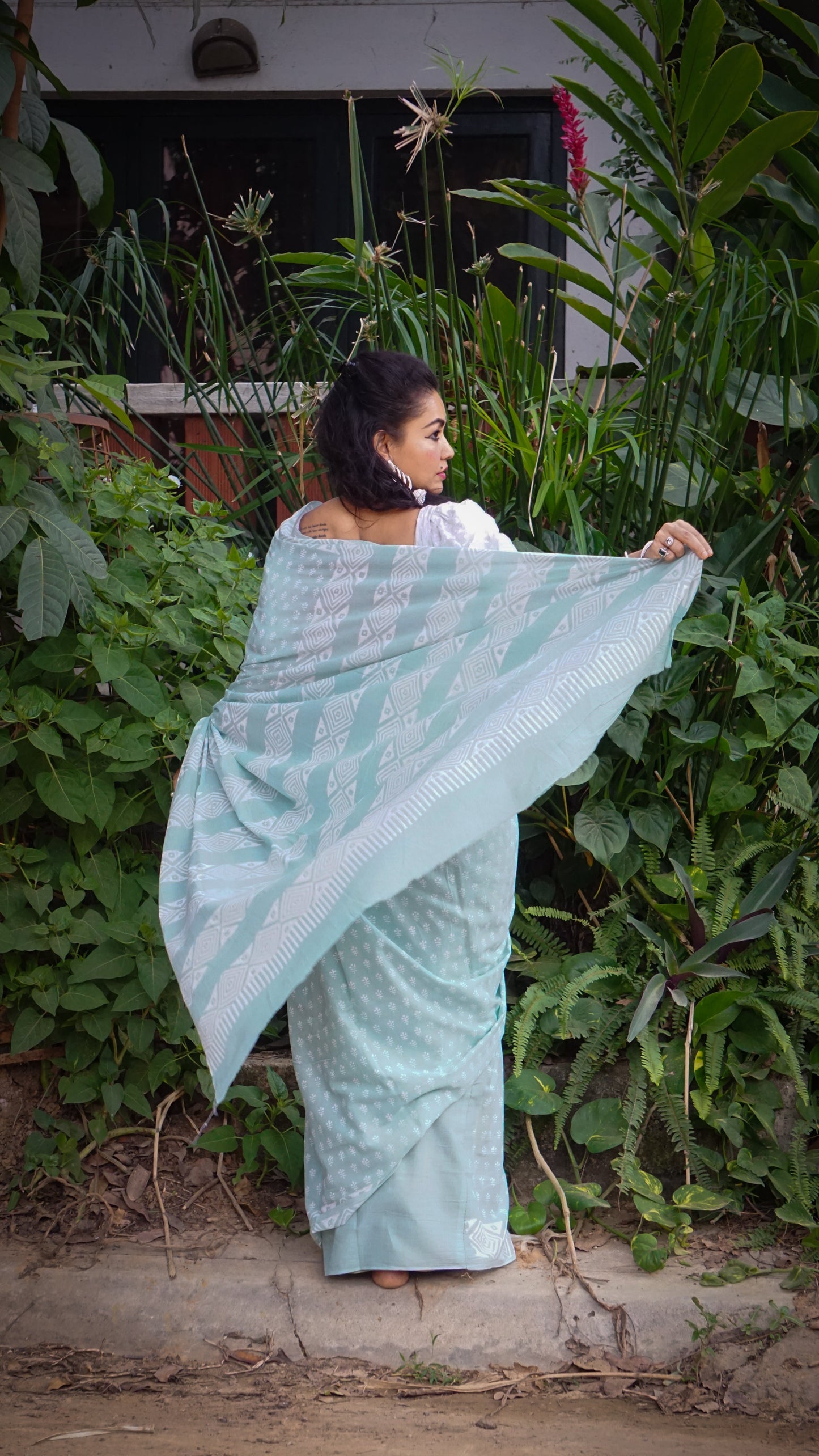 Whispering Dream Saree Handblock Print Natural Dyed Mint Mulmul Cotton Saree