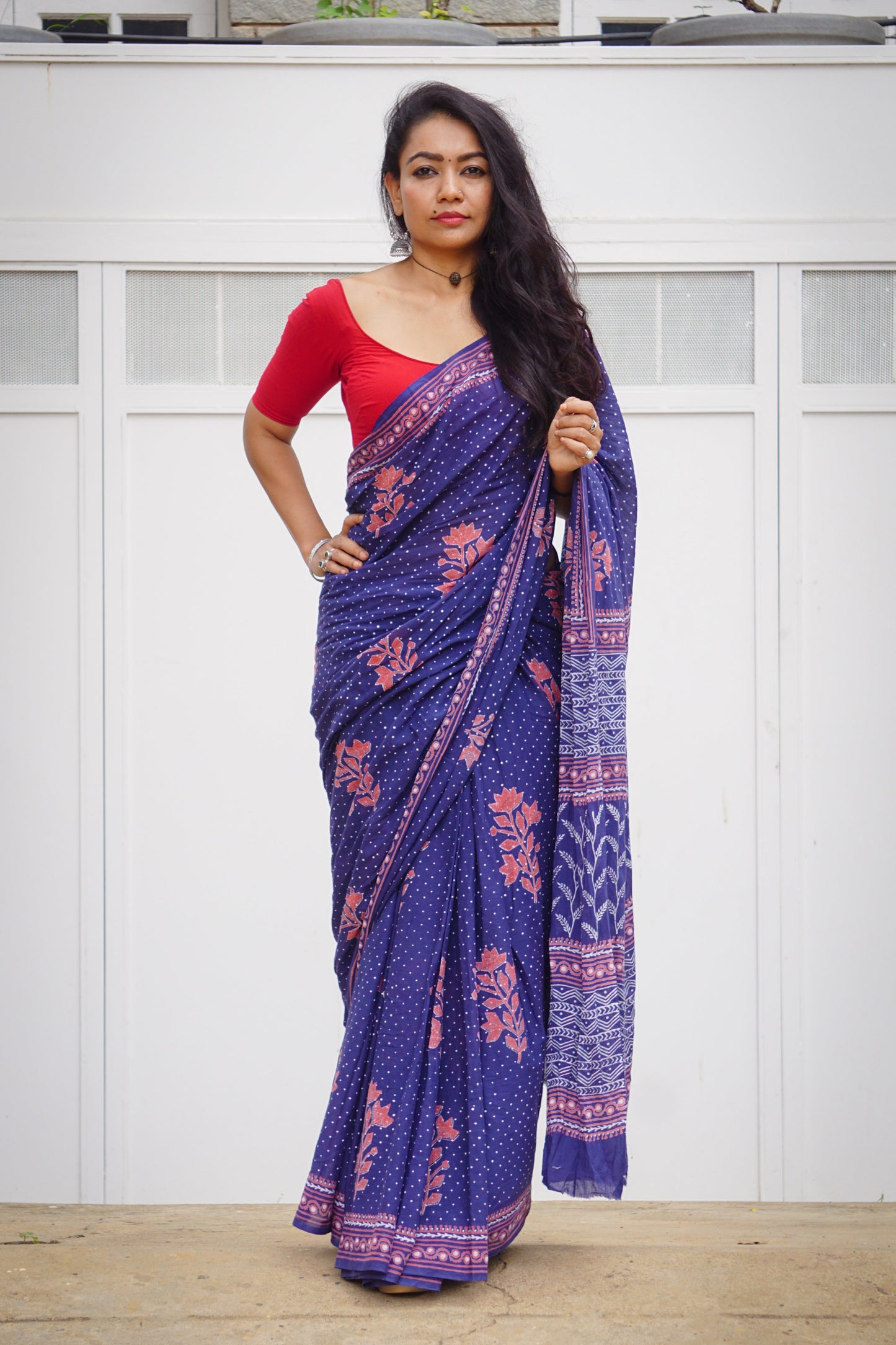 Elegant Navy Blue Handblock Printed Cotton Saree