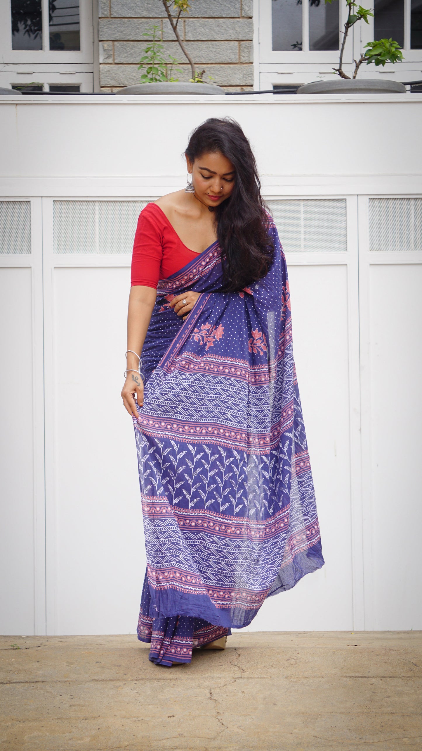 Elegant Navy Blue Handblock Printed Cotton Saree