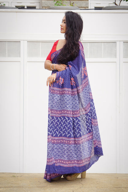 Elegant Navy Blue Handblock Printed Cotton Saree