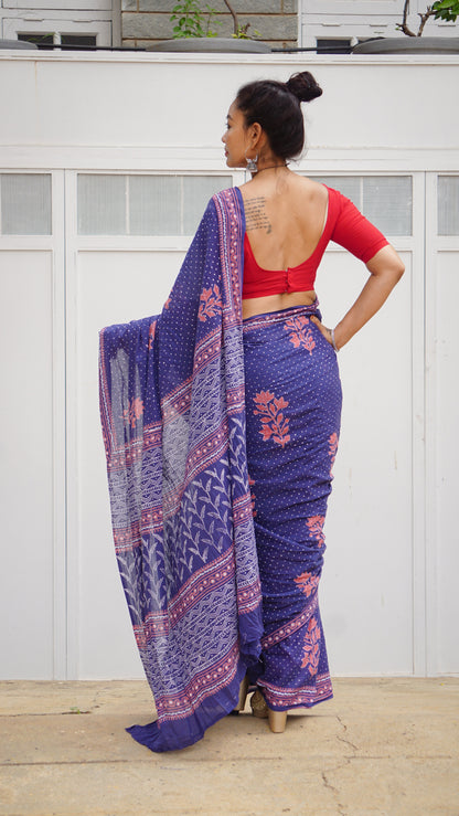 Elegant Navy Blue Handblock Printed Cotton Saree