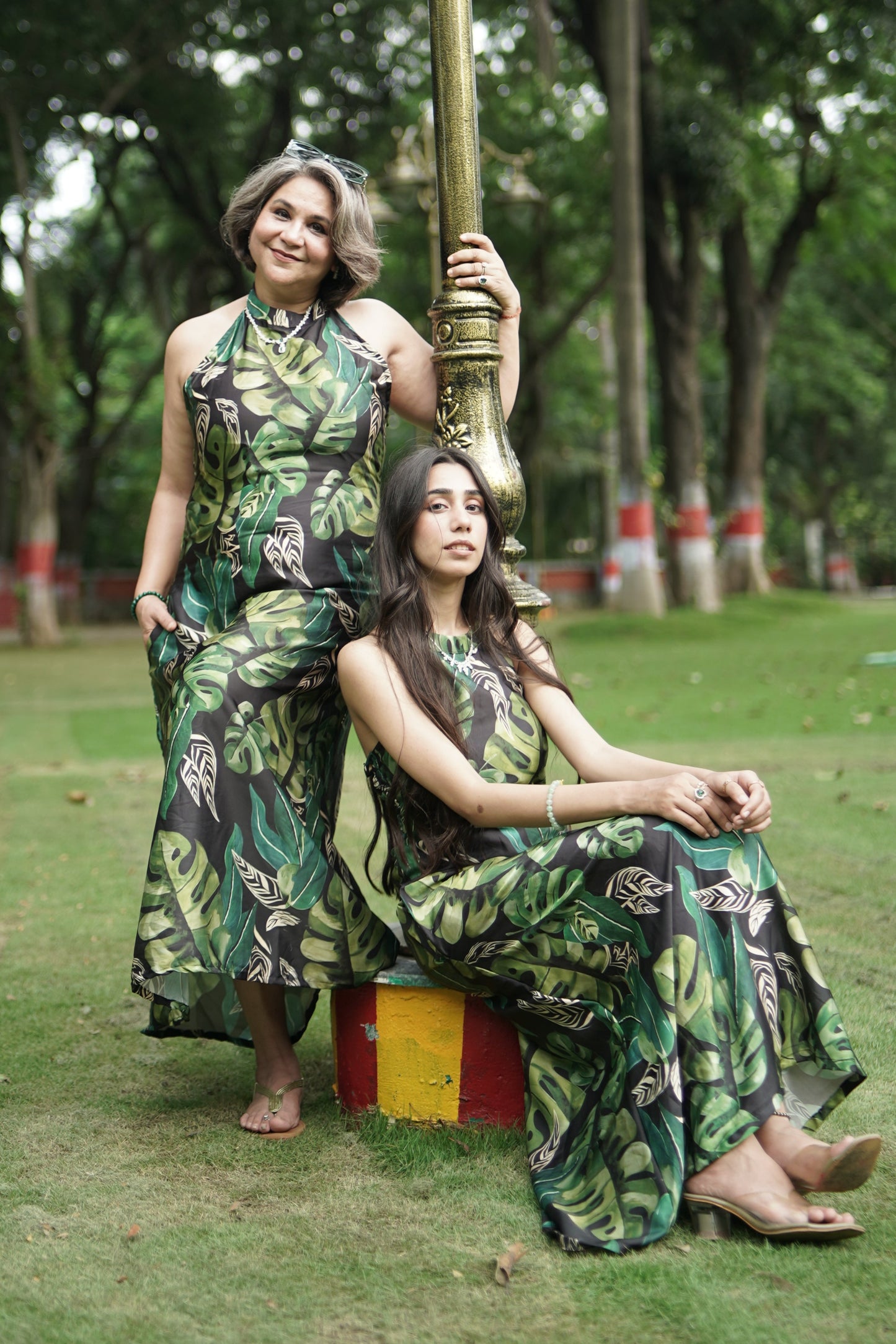 Black & Green Muslin Tropical Halter Dress
