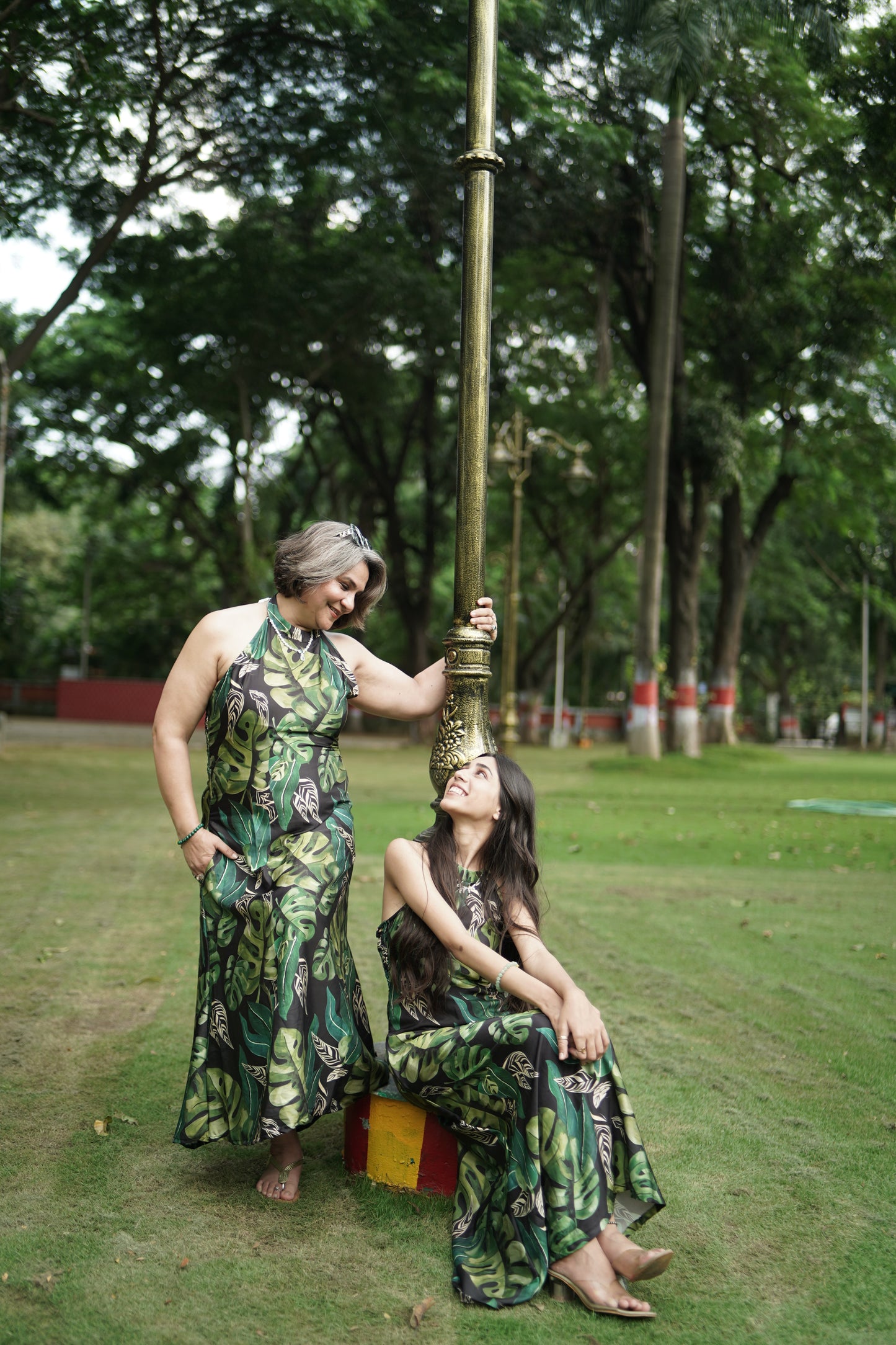 Black & Green Muslin Tropical Halter Dress