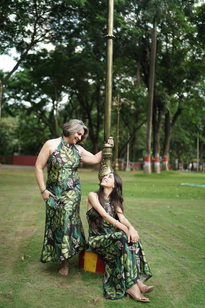 Black & Green Muslin Tropical Halter Dress
