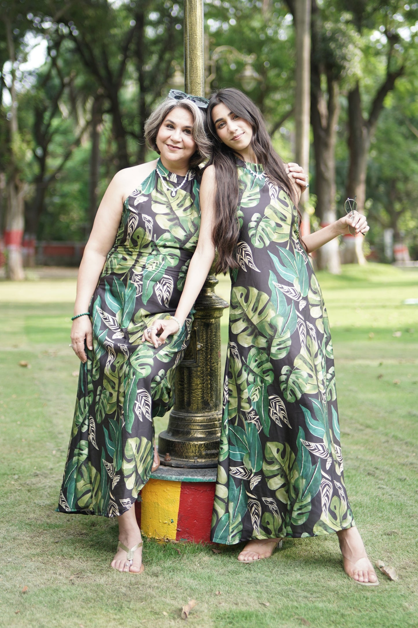 Black & Green Muslin Tropical Halter Dress