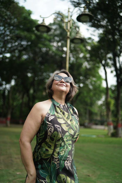 Black & Green Muslin Tropical Halter Dress