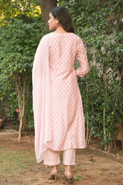 Blushing Pink Cotton Silk Handblock Suit Set