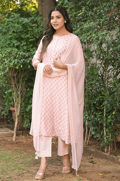 Blushing Pink Cotton Silk Handblock Suit Set