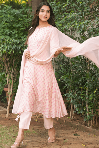 Blushing Pink Cotton Silk Handblock Suit Set