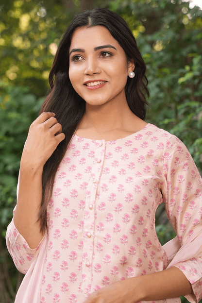 Blushing Pink Cotton Silk Handblock Suit Set