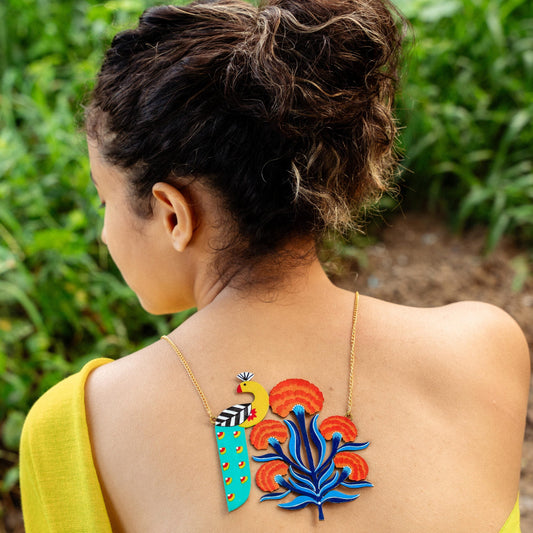 Peacock Handpainted Brass Necklace