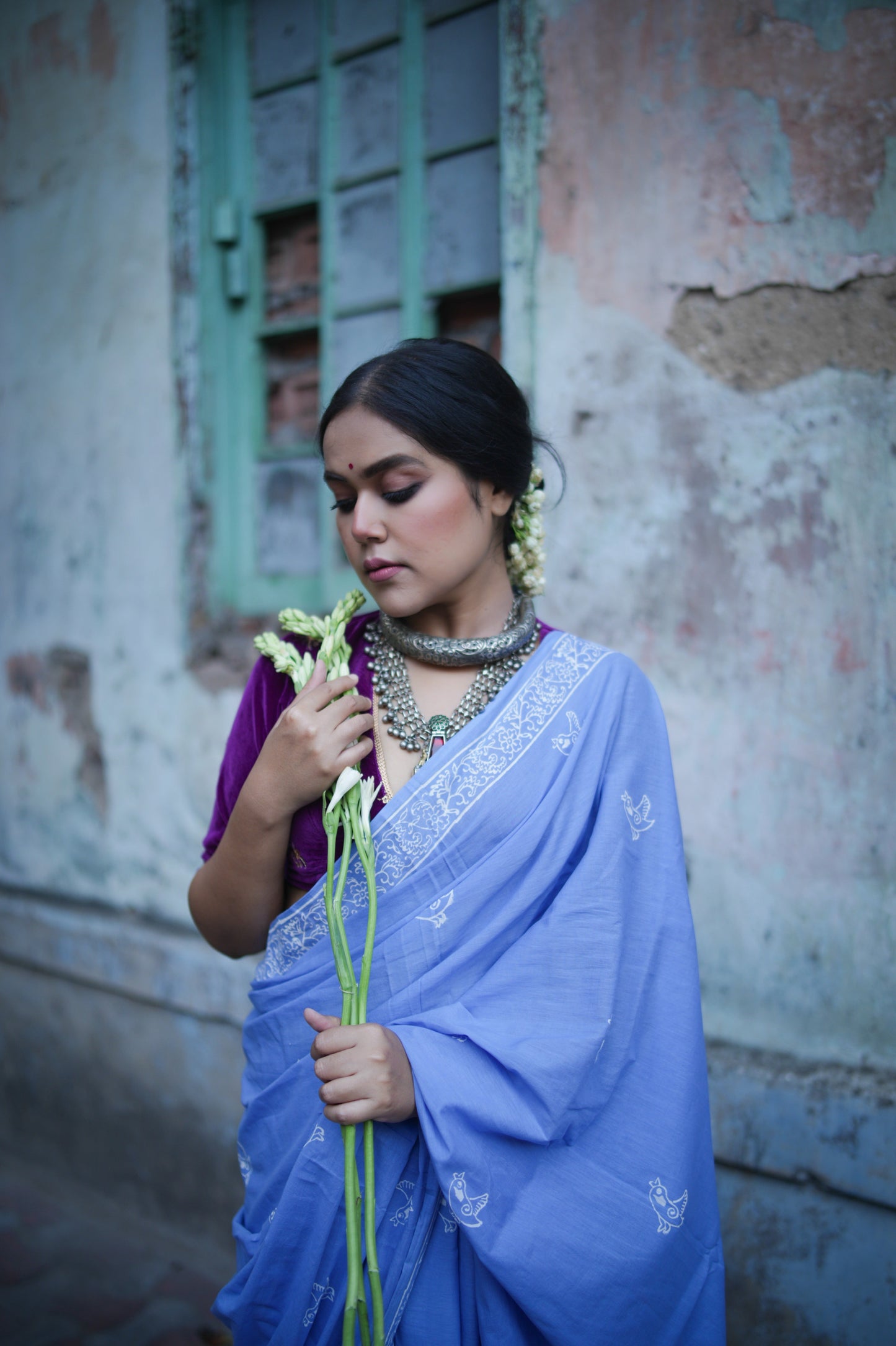 Chidiya - Handblock Print Natural Dyed - Sky Blue Mulmul Cotton Saree