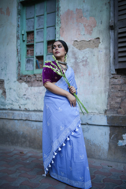 Chidiya - Handblock Print Natural Dyed - Sky Blue Mulmul Cotton Saree