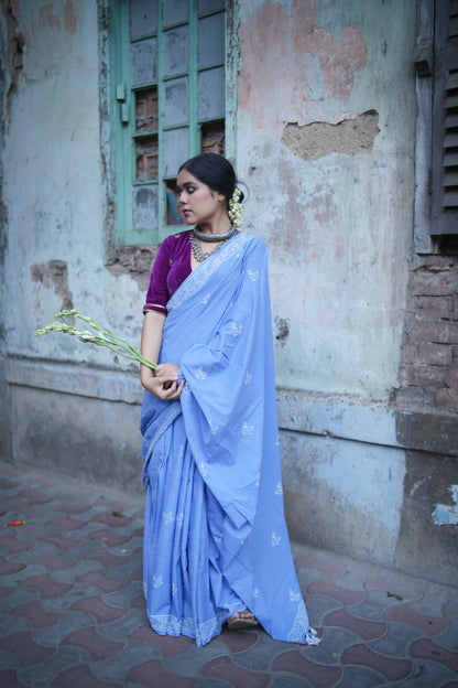 Chidiya - Handblock Print Natural Dyed - Sky Blue Mulmul Cotton Saree